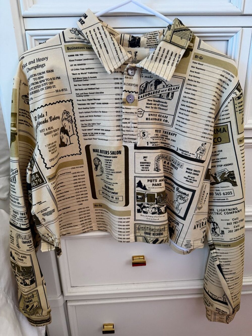 Fashion Brand Company “White Pages” Newspaper Print Crop Shirt